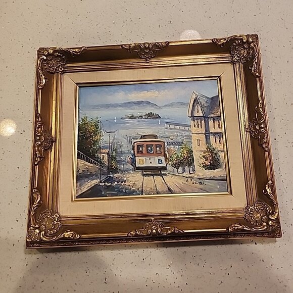 Vintage Framed San Francisco Decor Art A. Powell Oil Painting Trolley Alcatraz - Picture 1 of 10